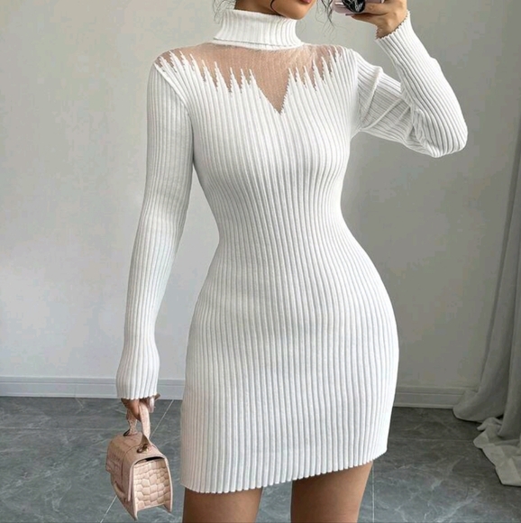 Solid Color Mesh Insert Bodycon Long Sleeve Knit Dress - Picture 2 of 4